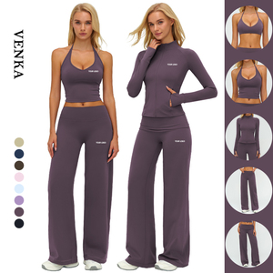 Vêtements de sport pour femmes sur mesure OEM, vêtements de fitness, soutien-gorge de sport à bretelles, débardeur, veste à fermeture éclair intégrale, leggings évasés qui rehaussent les fesses, ensembles de yoga - Product Image 1