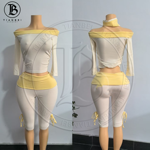 Completo da donna Y2K 2026 <span class=keywords><strong>con</strong></span> top corto a blocchi di colore a righe <span class=keywords><strong>con</strong></span> allacciatura all'americana e leggings capri, personalizzabile <span class=keywords><strong>con</strong></span> <span class=keywords><strong>logo</strong></span>, ideale per la palestra - Product Image 4