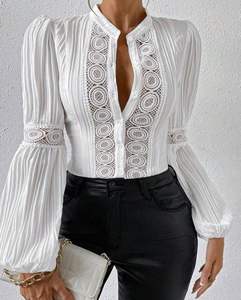 Women's Lace <b>Patchwork</b> Lantern Sleeve Solid Color Stand-up Collar <b>Shirt</b> Fashion - Product Image 6