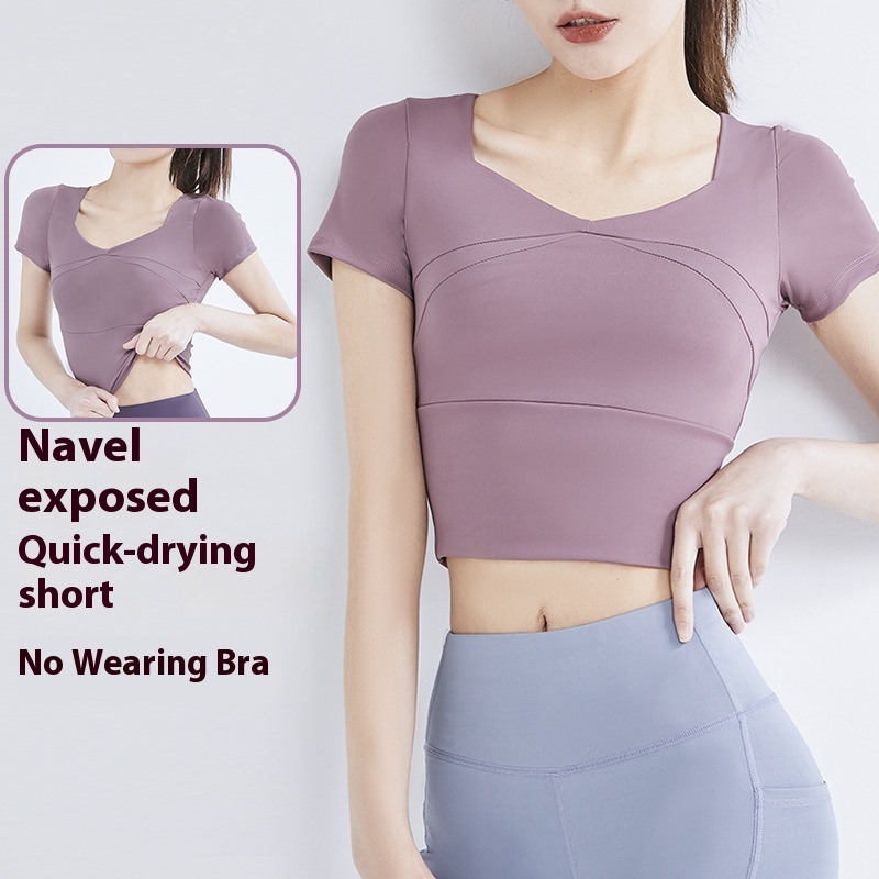 Women's Short-Sleeved Yoga Top Quick-Drying Breathable Fitness Clothes with Chest Pad Compression Sports Tight for Running