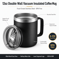 Mug à café isotherme en acier inoxydable personnalisé avec logo, 12 oz, double paroi, sous vide, pour le camping et les voyages, avec couvercle, vente en gros OEM