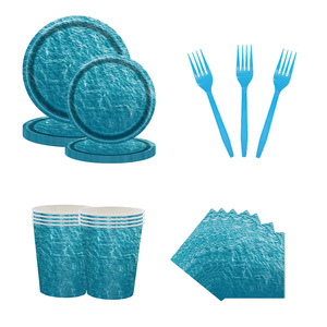 Kit de fournitures de fête jetables, assiettes en papier, gobelets, serviettes, couverts, thème bleu océan, vaisselle de pique-nique - Product Image 3