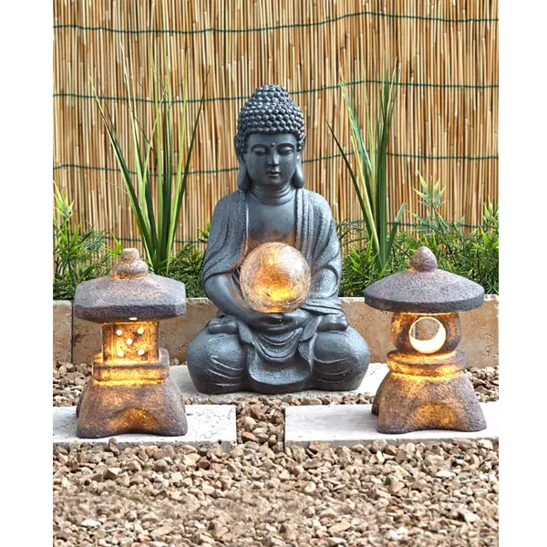 Home Decor Sentado Buddha Polyresin Estátua Pagoda Lanterna com Luz Solar Decoração Jardim Estátuas