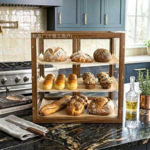 Boîte de rangement à pain en bois avec porte en verre et couvercle en acrylique, étagère de présentation double couche pour comptoir de boulangerie - Product Image 2