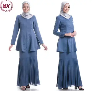 2023 Fashion 2 Piece Satin Silk Suit Muslim Islamic Clothing Malaysia Abaya Blue Set Mermaid Lace Dress for Baju Kurung