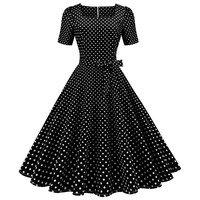 Robe vintage à pois pour femmes, élégante, à manches courtes, col carré, coupe trapèze, robe de soirée mi-longue, style années 50-60, Vestidos, grandes tailles