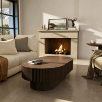 Table basse ovale cannelée en bois massif style Wabi Sabi, table d'appoint minimaliste pour salon, meuble de décoration intérieure