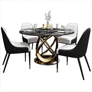 High quality custom dining room furniture luxury modern golden metal marble top round dining table