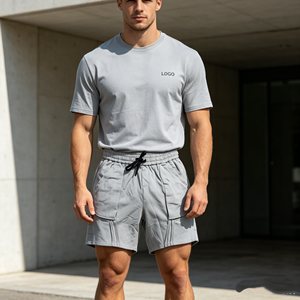Conjunto de 500g para hombre, superventas, con camiseta de cuello redondo con relieve, ropa casual de verano, tejido de punto, 100% algodón, color liso, conjunto de dos piezas para hombre - Product Image 2