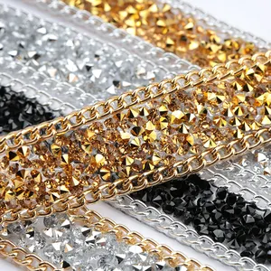 19.5mm Gold/silver Tape Crystal Hot Fix Trimming Rhinestone Fringe Trim On Roll For Dressing Garment Shoes