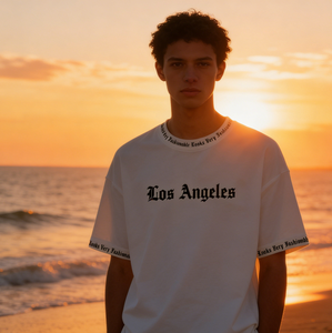 Camiseta Blanca Extra Grande para Hombre - Estampado Gótico de <span class=keywords><strong>Los</strong></span> Ángeles, Camiseta Gráfica Urbana con Texto en las Mangas y el Cuello, Ropa Casual Urbana - Product Image 4