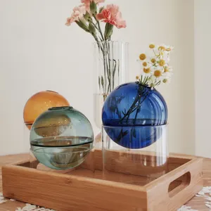 Kerajinan gelas Modern terbaru dekorasi rumah ruang tamu berdiri vas gelembung bunga buatan tangan vas kaca borosilikat mulut lebar