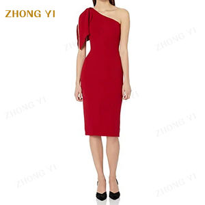 All'ingrosso della fabbrica della donna di moda caldo <span class=keywords><strong>monospalla</strong></span> <span class=keywords><strong>monospalla</strong></span> fiocco di colore solido elegante <span class=keywords><strong>Midi</strong></span> eleganti abiti da festa Casual - Product Image 3