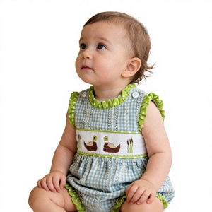 Yihui 100% 棉手工缝制女婴格子无袖夏季新款可爱连体衣独特设计可爱连体衣 - Product Image 4