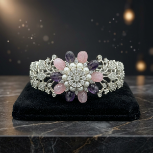 Conjunto de Anillo y Brazalete de Lujo en Latón Plateado con Circonita Cúbica Floral, Gema Rosa Púrpura, Brazalete Abierto, Joyería para Mujer - Product Image 2