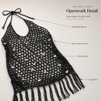 Robe de plage en crochet pour femme, personnalisée OEM ODM, col halter, ourlet à franges, accents coquillages, semi-transparente, cache-maillot de bain
