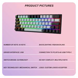 <span class=keywords><strong>Clavier</strong></span> de jeu mécanique compact 60 % sans fil USB BT 2.4G avec rétroéclairage RGB 63 touches, interrupteurs bleus - Product Image 2