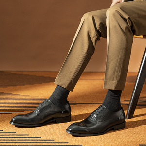 Zapatos Oxford de Vestir para Hombre, de Cuero Genuino, con Punta en Pico, Cordones, Suela de Goma Transpirable, para Todas las Temporadas, Color Sólido - Product Image 5