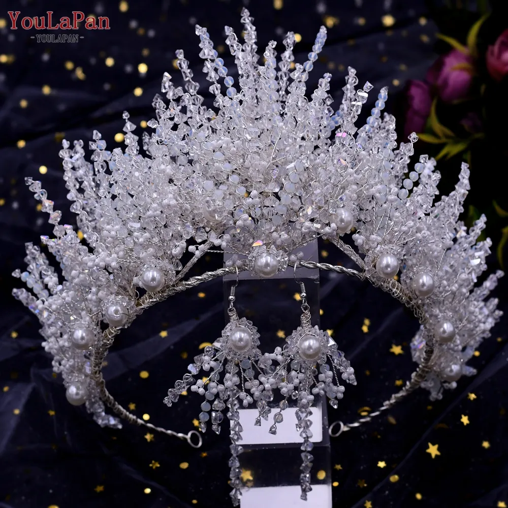 Youlapan HP399 Hot Sale Bridal Crown Earrings Set Crystal Pearl Ladies Wedding Queen Tiara Pageant Crystal Hair Accessories