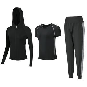 Conjunto Deportivo de Yoga de 3 Piezas para <span class=keywords><strong>Mujer</strong></span> Adulta, Manga Corta, <span class=keywords><strong>Pantalones</strong></span> Harem Deportivos de Poliéster Personalizados al por Mayor, Chaqueta Cómoda - Product Image 1