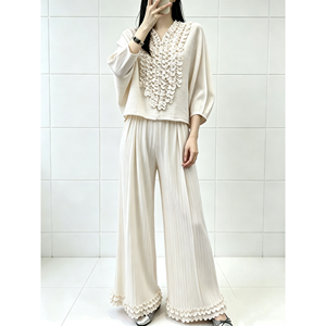 Elegant Solid Woven <b>White</b> Ruffled Top with Wide Leg Pants <b>Set</b> Loose Fit Lantern Sleeve Casual Summer Outfit - Product Image 6