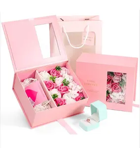 定制设计奢华粉色保存玫瑰花磁性盖纸板纸情人节礼品包装盒带丝带