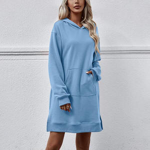 Robes pullover à manches longues de couleur unie pour femmes, robes à capuche décontractées solides avec poche et cordon de serrage - Product Image 1