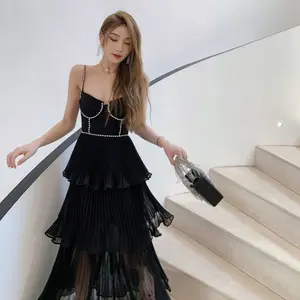 2023 Summer New Hot Selling Temperament Luxury Chiffon Pleated Long Dress Sexy Halter Black Diamond Casual Dresses Women Dress