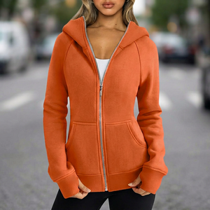 Sweat-shirt à capuche zippé pour femme, coupe classique, couleur unie, en coton et fibre de bambou tricotée, idéal pour l'automne - Product Image 1