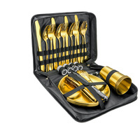 Ensemble de couverts d'extérieur en acier inoxydable 410 finition miroir pour le camping, les pique-niques et les repas - Ensemble portable de couteau, fourchette, cuillère et assiette