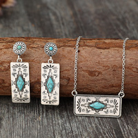 Ensemble collier et boucles d'oreilles Western avec pendentif barre estampillée : Faux turquoise, bijoux bohèmes cowgirl, style aztèque