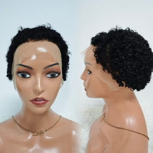 Letsfly Promotion 36$ Perruque courte faite à la main avec dentelle transparente, nœuds blanchis, coupe courte, frontale 13x4, bouclée, 100% cheveux humains, noir naturel - Product Image 1