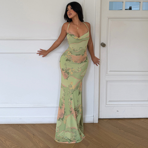 Green Floral Print Pleated Neckline Spaghetti Strap Maxi Dress Summer Beach Vacation Bohemia Elegant Backless <b>Long</b> <b>Slip</b> Dress - Product Image 3