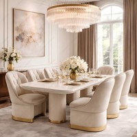 Table à Dîner en Marbre Luxueuse avec Chaises en Velours, Piètement en Bois Moderne, 6/8 Places pour Hôtels et Appartements