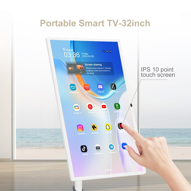 32" Movable Smart Android LED TV White Cabinet 18V Power Supply for Flat Kitchen Outdoor Viewing Hotels High Definition HDTV