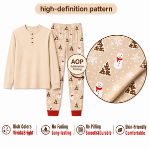 Custom <strong>Christmas</strong> Snowman Print Beige Henley Family Matching <strong>Pjs</strong> Set Elastic Waist 180g Polyester Sleepwear Men Women <strong>Kids</strong> - Product Image 2