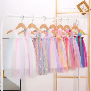 Новинка, летнее газовое платье на лямках для маленьких девочек, детское Радужное пушистое платье принцессы
