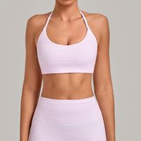 Soutien-gorge de yoga vintage imprimé côtelé à col halter et fines bretelles pour femme, coupe ajustée, très extensible, idéal pour le Pilates et le sport