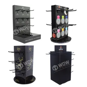 WOW Custom Printing Corrugated Cardboard Rotating Hook Keychain Display Stand 4 Sides Rotating Jewelry Display Stand