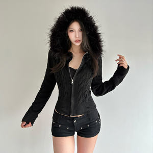 Cárdigan de punto trenzado con capucha y cremallera para mujer, de invierno, casual, de color liso, ecológico, de viscosa y felpa, ajustado, de manga larga, de fábrica. - Product Image 2