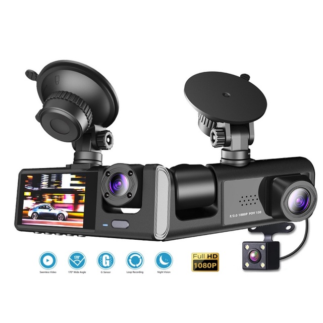 LP 3 Channel Car DVR HD 1080P 3-Lens 180 Dash Cam with Night Vision WIFI 2.0" Screen X MicroSD Mini Recorder