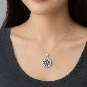 Collier pendentif en argent sterling 925 avec diamant sel et poivre naturel, design double halo taille ronde, cadeau d'anniversaire pour elle - Product Image 2
