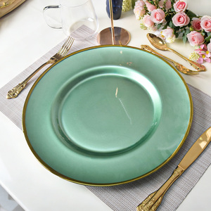Ensemble de plats à dîner en verre élégant de haute qualité, rond, blanc/<span class=keywords><strong>vert</strong></span>/noir, bord doré, assiette de service en verre pour dîner, fête, mariage - Product Image 4