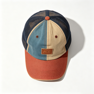 Casquette Trucker Vintage en Toile Lavée à Blocs de Couleurs avec Logo Personnalisé en Cuir ACE, 6 Panneaux, Embossée, Été - Product Image 2