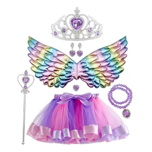 소녀 천사 날개 투투 스커트 할로윈 파티 어린이 성능 원피스 모자 및 마술 지팡이 액세서리와 소품으로