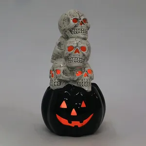 Décorations de table d'Halloween, 14.5 pouces en céramique empilée, citrouille d'Halloween, crâne de fantôme, chat noir Jack O Lantern