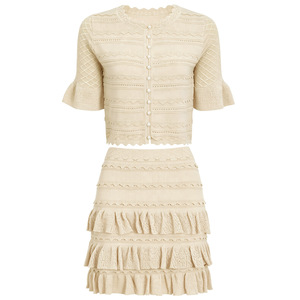 Elegante Completo Coordinato in Maglia Stile Cottage con Top Corto con Bordo a Festoni e Maniche a Rete con Volant, Minigonna a Strati con Balze, Set Due Pezzi da Donna - Product Image 3