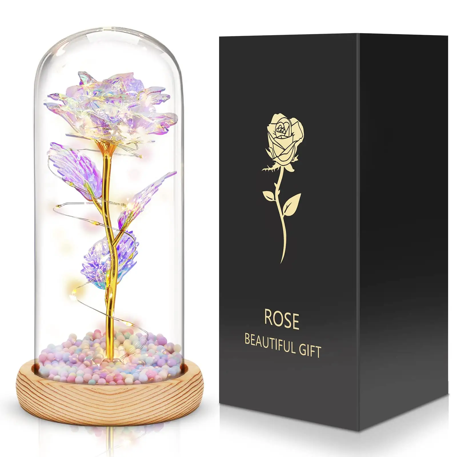 UO Artificial Rose Bulk Valentine Gifts Rose Led Lamp 24k Gold Foil Single Galaxy Preserved Gift Rose with Stem in Glass Dome