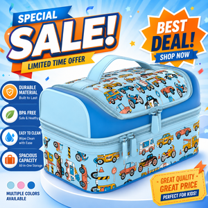 Premium Niedliche Fahrzeugmuster Jungen Isolierte Lunch-Kühltasche Zweischichtige Tragbare Kinder-Essens-Aufbewahrungstasche - Product Image 1
