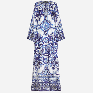 ANSZKTN-Vestido con abertura y estampado de mayólica retro para mujer, vestido suelto de manga larga, maxi vestido informal - Product Image 4